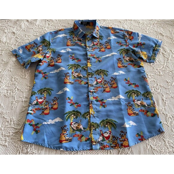 SSLR Christmas Hawaiian Santa Shirt Reindeer Tropical Button Up Blue Mens XL - Picture 3 of 12